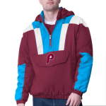 Maroon and blue jacket with a logo on a white background in United State Market