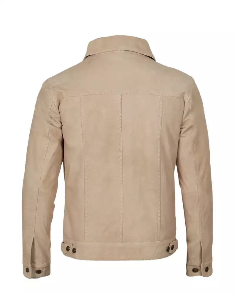 Mens-Camel-Color-Suede-Leather-Trucker-Jacket-4 Stylish camel denim jacket for men with shirt collar