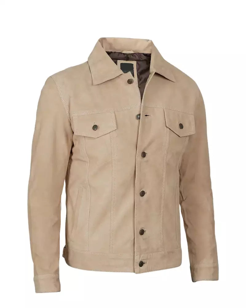 Mens-Camel-Color-Suede-Leather-Trucker-Jacket-feature Men's camel color denim trucker jacket front view