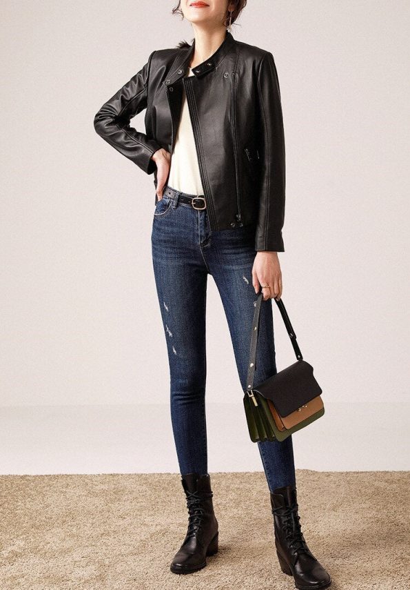 Causal black leather jacket for women