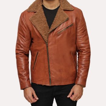 Men's Brown Shearling Leather Jacket - Front View with Faux Shearling Collar in USA
