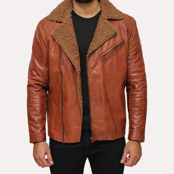 Men's Brown Shearling Leather Jacket - Open Front View Showcasing Inner Lining in American style
