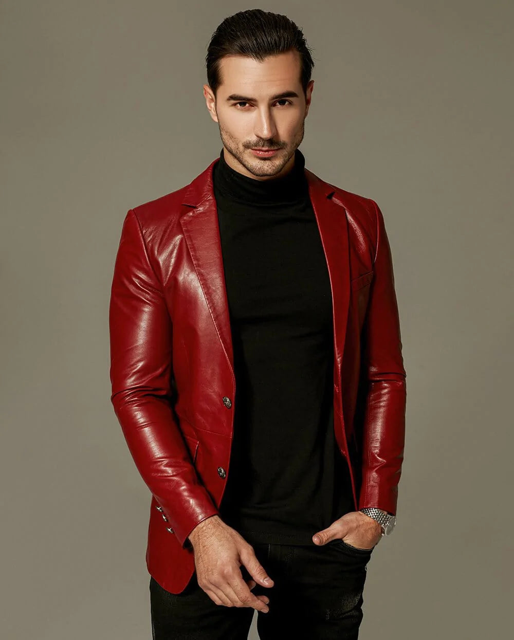 classic-red-buttoned-goatskin-blazer-jacket-1 Red color blazer jacket for men in USA