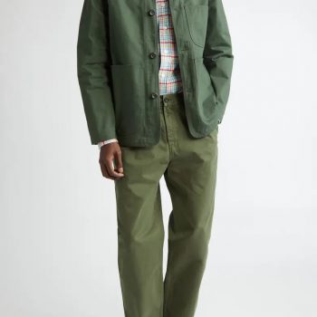 Cotton herringbone button-up jacket with textured finish in USA