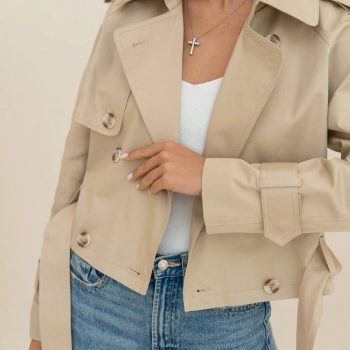 Stylish cropped beige trench coat in USA