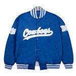 Dallas Cowboys gray and white rib bomber blue jacket front view in USA
