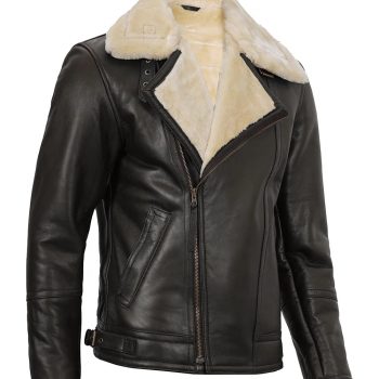 Men's dark brown leather jacket with shearling collar in USA