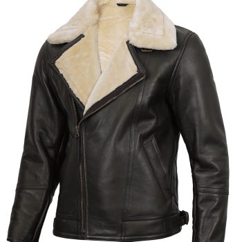 Shearling-lined men's biker leather jacket in France style