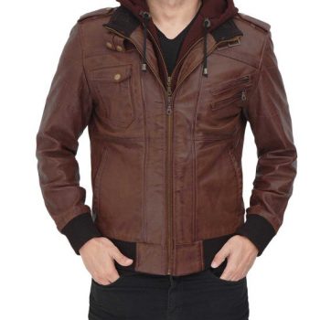 Men's dark brown bomber jacket with hood in USA market