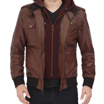 Hooded leather bomber jacket for men in dark brown in France style