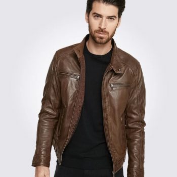 Dark brown hooded motorcycle leather jacket in USA