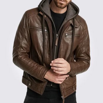 Hooded motorcycle jacket in dark brown in France style
