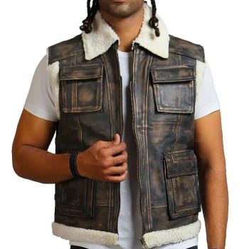 Designer men's faux fur distressed black leather jacket in USA