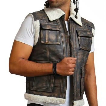 Faux fur distressed black leather jacket for men in France style