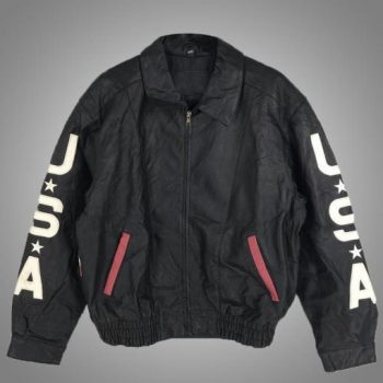Elegant vintage black leather jacket with the American flag in USA market