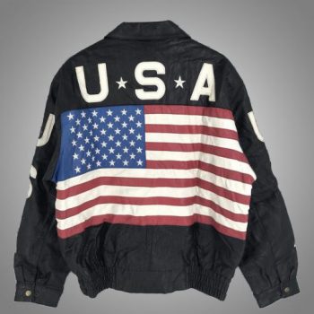 Classic black leather jacket featuring the American flag in France style