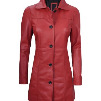 Kandis women's red real leather car coat front view in USA