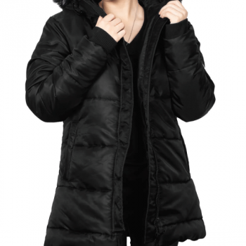 Black puffer coat with faux fur trim hood in American style