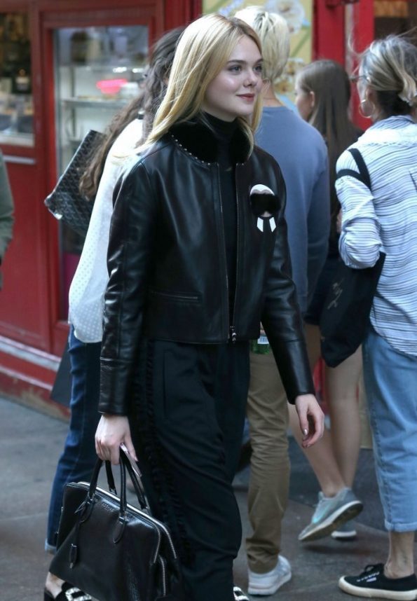 Fur Black Leather Jacket Elle Fanning