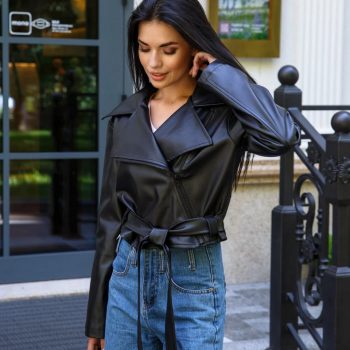Belted Black Leather Jacket for Women