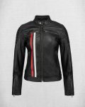 Black Leather Biker Jacket with Stripes