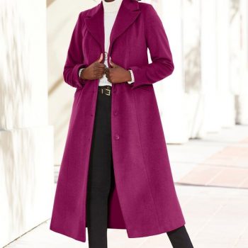 Full length wool blend coat with classic lapel design in USA
