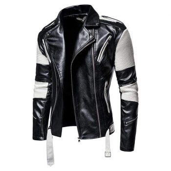 Shop Genuine Leather Black and White Color Race Biker Lapel Jacket