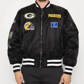 Green Bay Packers black MA-1 bomber jacket front view in USA