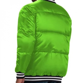 Satin green Packers puffer jacket with bold chest inscription in USA