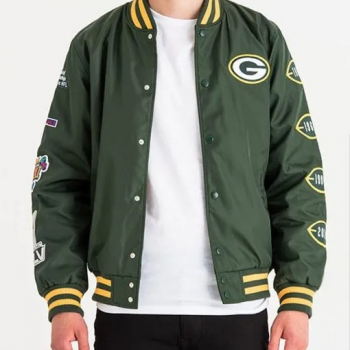 Green Bay Packers Champs patches satin jacket front view in USA