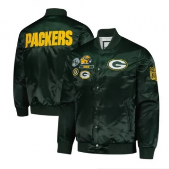 Green Bay Packers exclusive green satin varsity jacket front view in USA