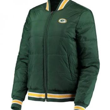 Puffer-style Packers jacket with zip closure and team logo in USA