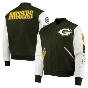 Green Bay Packers green and white varsity jacket front view in USA