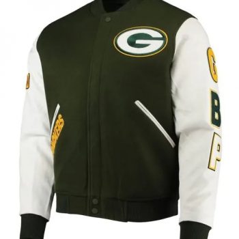Packers letterman jacket with wool body and leather sleeves in American Style