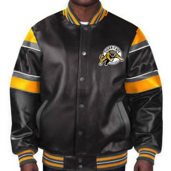 Men's varsity jacket with Hamilton Tiger-Cats team colors in USA