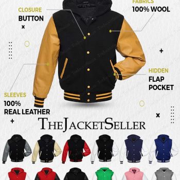 Stylish Hooded Varsity Jacket with Wool Body and Leather Sleeves in France style