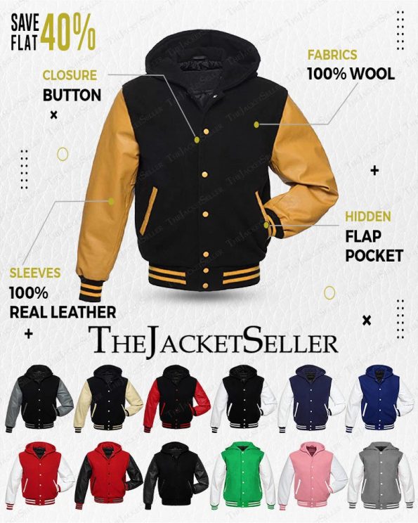 Stylish Hooded Varsity Jacket with Wool Body and Leather Sleeves in France style
