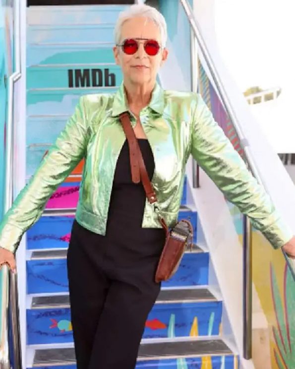 Fashionable Women's Green Leather Jacket Inspired by Jamie Lee Curtis