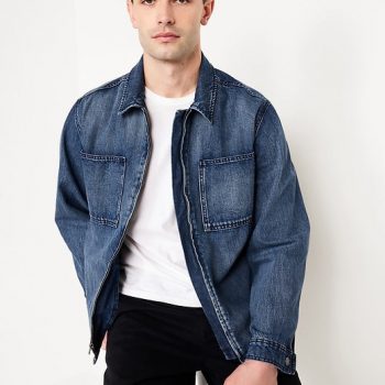 Durable denim chore jacket with utility pockets in USA