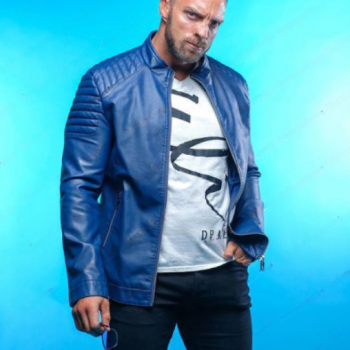 Blue leather jacket worn by LA Knight on NXT in American style