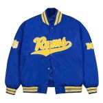 LA Rams gold rib bomber royal satin jacket front view in USA