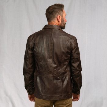 Vintage-inspired leather barn coat with antique brass buttons in American Style