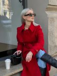 Elegant long red wool trench coat for women in USA