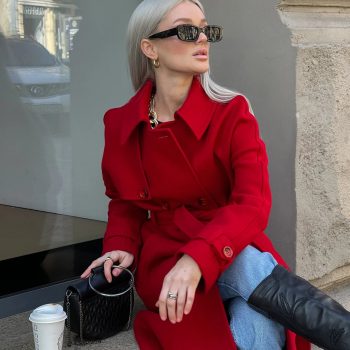 Elegant long red wool trench coat for women in USA