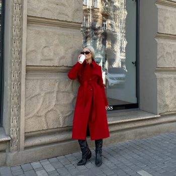 Stylish red wool trench coat with belted waist in American style