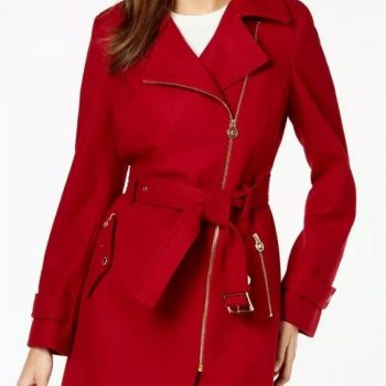 Elegant luxury red belted wool coat for women in USA