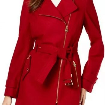 Women's stylish red wool coat with a belt in American style