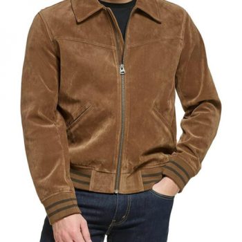 Mac Men’s Cognac Real Suede Bomber Jacket front view in USA