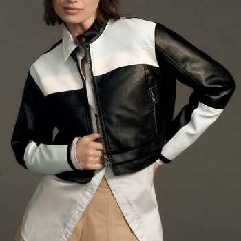 Stylish colorblock biker jacket with cropped design in American style
