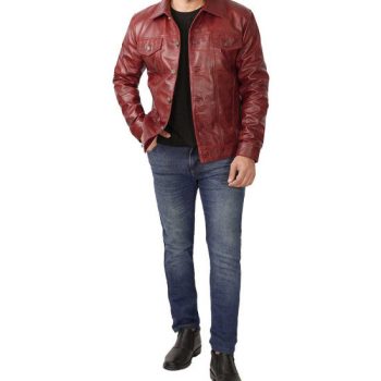 TJS Maroon Trucker Leather Jacket in USA